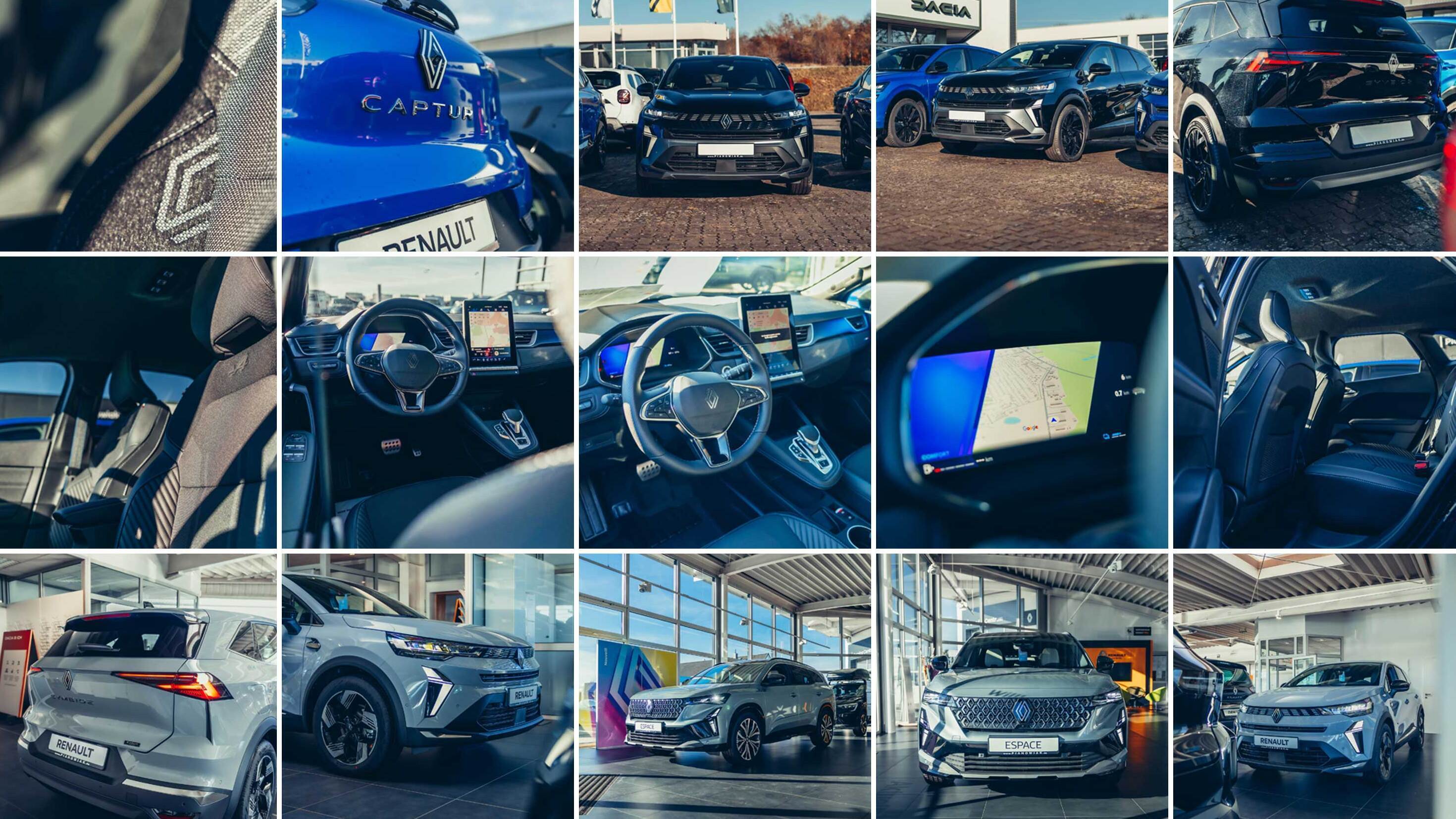 Eine Collage von Renault Autos, Innenansichten und Displays im Autohaus, zeigen das Design und die Ausstattung.